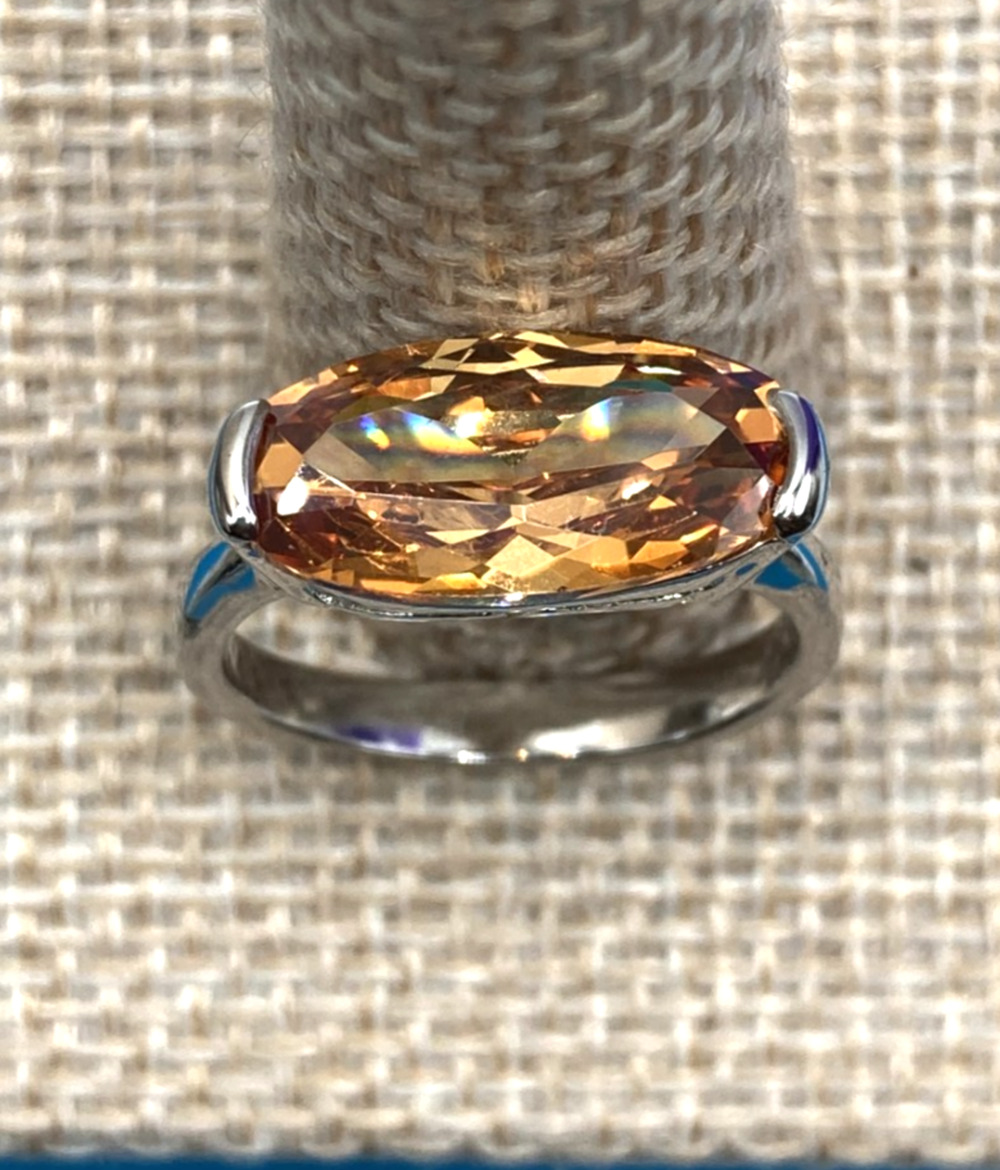 Elongated Oval Orange Silver Overlay Ring Made with SWAROVSKI Elements Sz 7